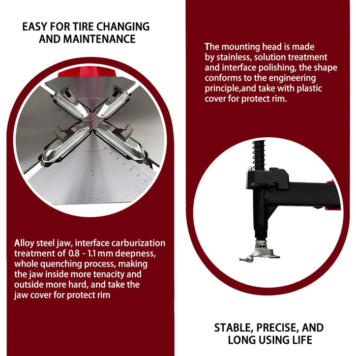 A diagram showing the features of the Katool KT-T810 tire changer with text "EASY FOR TIRE CHANGING AND MAINTENANCE," "Alloy steel jaw, interface carburization treatment," and "The mounting head is made by stainless, solution treatment."
