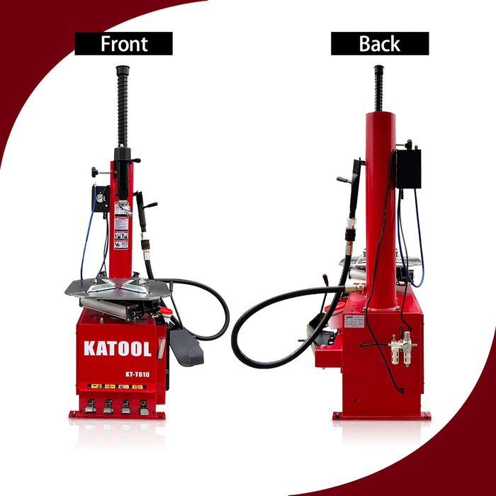A side-by-side view of the Katool KT-T810 tire changer, showing the "Front" and "Back" of the machine with the tire changer's closed body design.