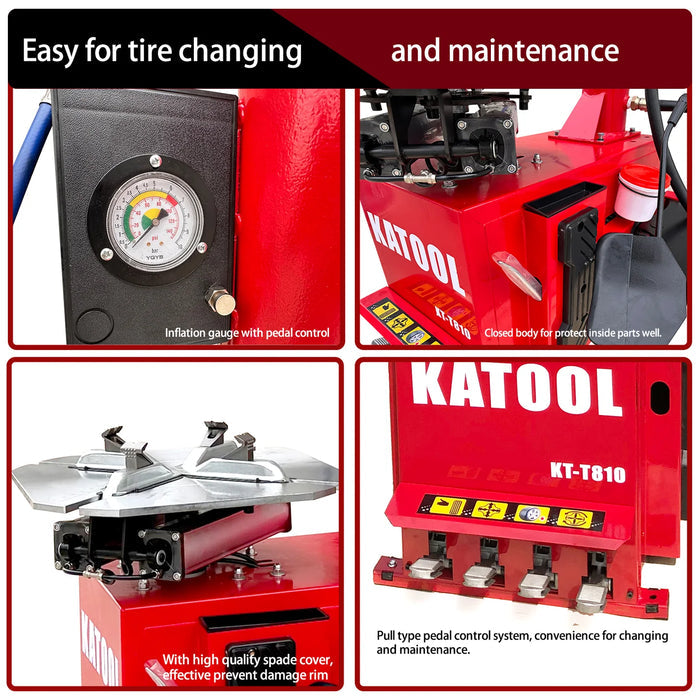 A four-panel image of the Katool KT-T810 tire changer highlighting specific features like the "Inflation gauge with pedal control," "Mounting head protects metal," and "Pull type pedal control system."