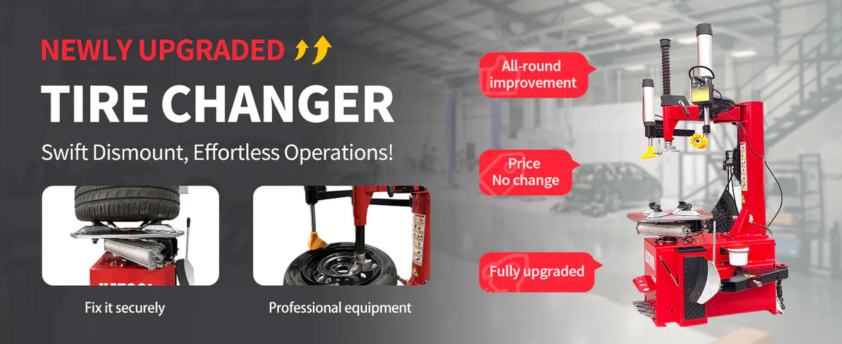 A diagram of the Katool KT-T830 tire changer shows a red and black machine with measurements and an overlay of its main specifications. Key features and dimensions are highlighted, including the 41-inch max wheel diameter, 15-inch max wheel width, 12-24 inch outside clamp, 14-26 inch inside clamp, 110V power supply, and 2.0HP motor.