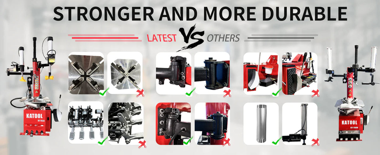 A diagram shows a comparison of the "LATEST" features versus "OTHERS" for the Katool KT-T830 tire changer. The image highlights upgraded components like a bigger disc, a stronger cylinder, and an improved assist arm.