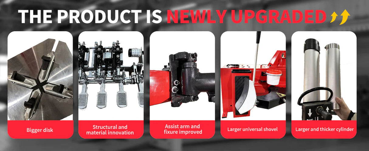 A collage of close-up images shows the "NEWLY UPGRADED" features of the Katool KT-T830 tire changer. The images highlight a "Bigger disk," "Structural and material innovation," an "Assist arm and fixture improved," a "Larger universal shovel," and a "Larger and thicker cylinder."