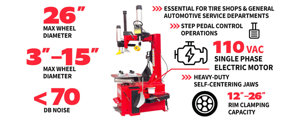 A graphic shows the key specifications of the Katool KT-T830 tire changer, which is essential for tire shops and general automotive service departments. The image highlights the 26" max wheel diameter, 3"-15" max wheel width, 12"-26" rim clamping capacity, and 110V AC single-phase electric motor. The machine operates at less than 70 DB noise and uses step pedal control operations.
