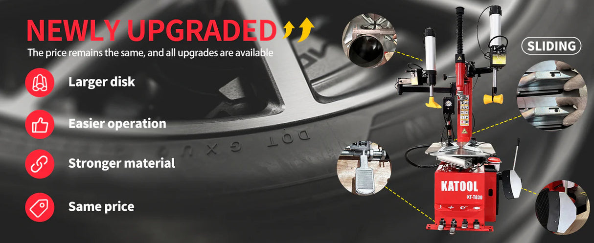 A detailed graphic of the Katool KT-T830 tire changer highlights that it is "Newly upgraded" but the "price is the same" and shows the features that have been improved. The image notes a "Larger disk," "Easier operation," and "Stronger material," with a large tire and rim in the background.