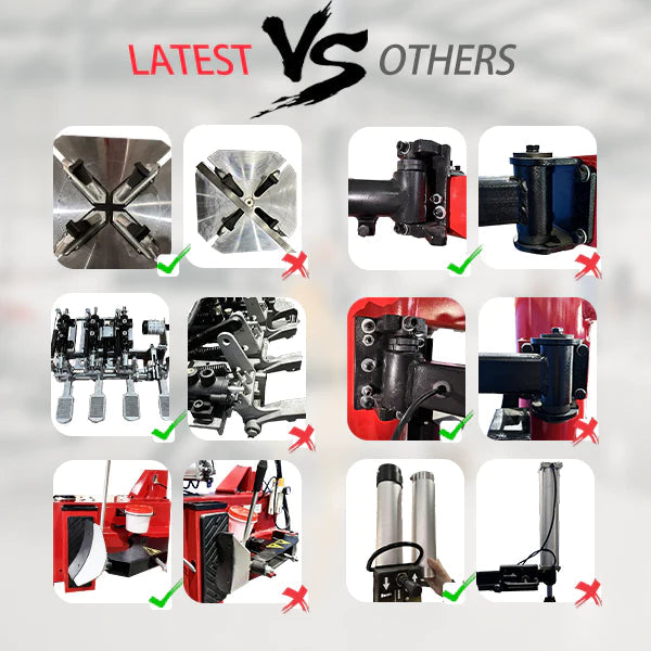 A side-by-side comparison of the "LATEST" features versus "OTHERS" for the Katool KT-T830 tire changer. The image highlights upgraded components like a bigger disc, stronger cylinder, and improved assist arm.
