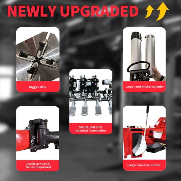 An overhead collage highlights the "NEWLY UPGRADED" features of the Katool KT-T830 tire changer. The images show a bigger disc, a larger and thicker cylinder, improved assist arm, and a larger universal shovel.