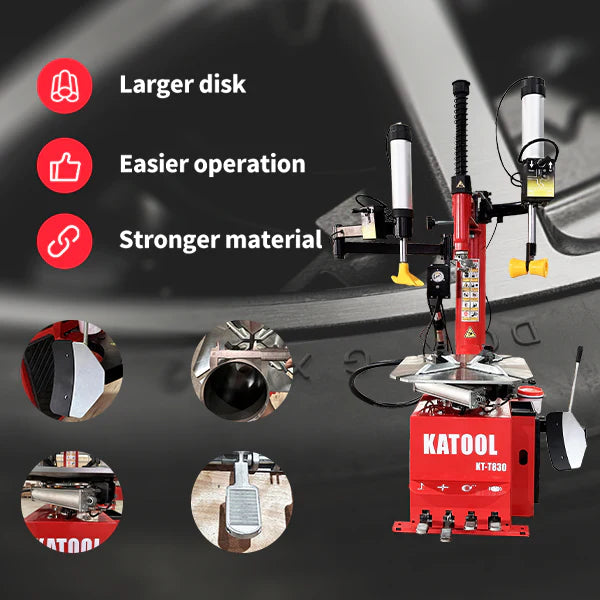 A collage of the Katool KT-T830 tire changer with close-ups of its components. Text overlays highlight the "Larger disk," "Easier operation," and "Stronger material." The main image shows the machine from the front with the assist arm and other parts clearly visible.