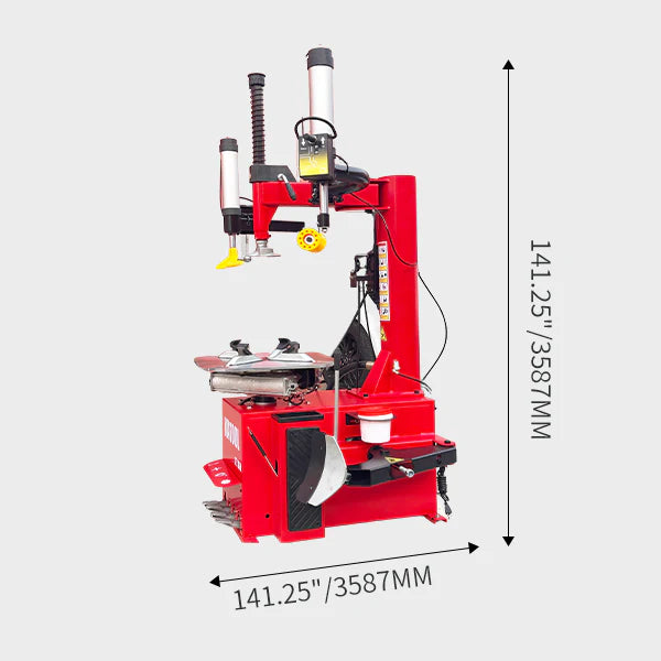 A side view of the Katool KT-T830 tire changer with dimensions overlaid. The image shows the overall height of 141.25 inches (3587mm) and the width of 141.25 inches (3587mm), with an arrow pointing to the base of the machine.