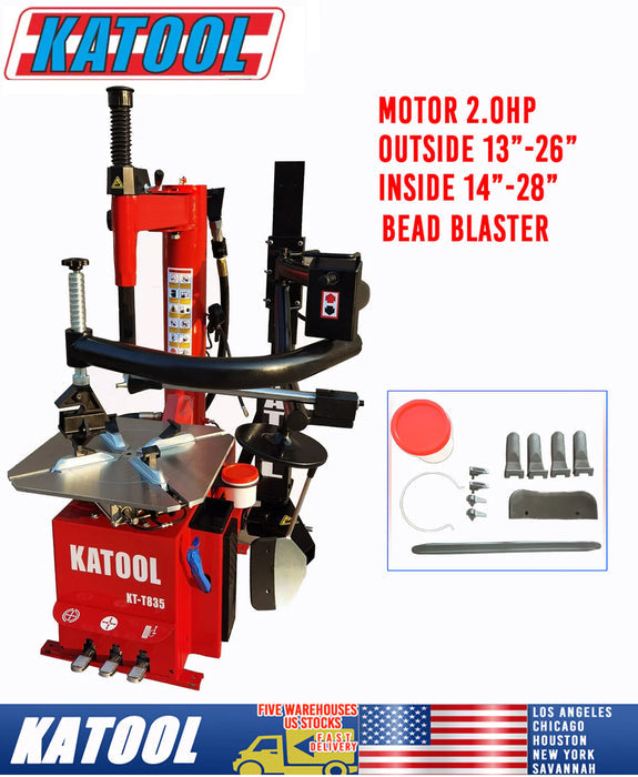 The Katool KT-T835 tire changer shown from an angle, with a callout box detailing included accessories like jaw covers, a bead seater, and various tools. The image mentions a 2.0HP motor and clamping ranges of 13"-26" outside and 14"-28" inside.