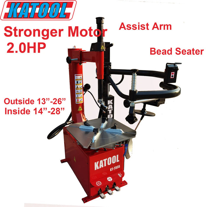 A red Katool KT-T835 tire changer with a 2.0HP motor, assist arm, and bead seater. The image displays the clamping ranges for both outside (13"-26") and inside (14"-28") on the white background.
