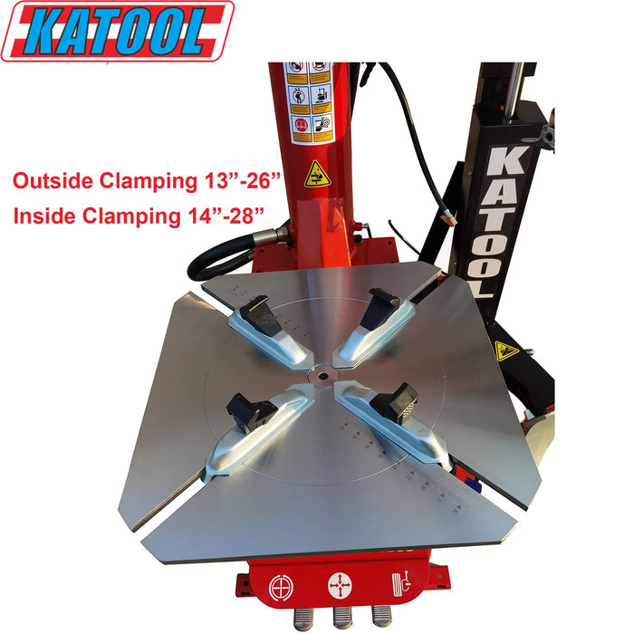 A red Katool KT-T835 tire changer with a 2.0HP motor, assist arm, and bead seater. The image displays the clamping ranges for both outside (13"-26") and inside (14"-28") on the white background.