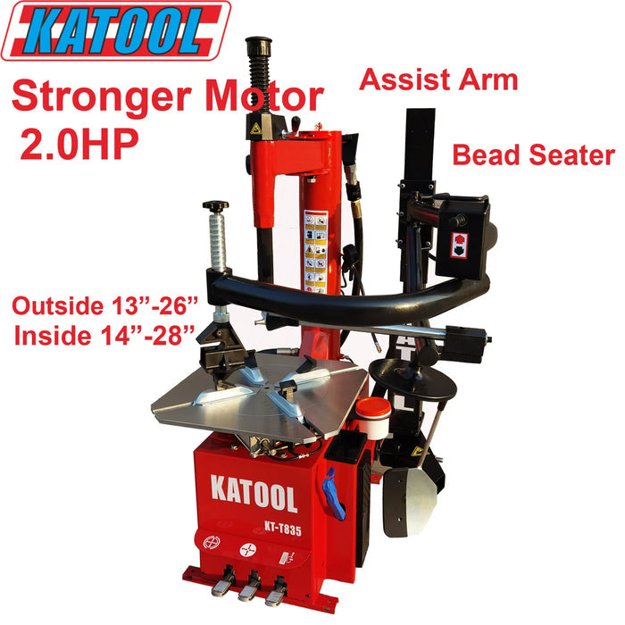 A red Katool KT-T835 tire changer featuring a 2.0HP motor, assist arm, and a bead seater. The image displays the machine's ability to handle tire sizes with outside clamping from 13"-26" and inside clamping from 14"-28".