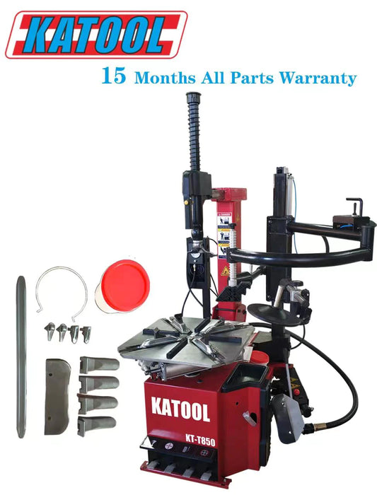 The red Katool Tilt-Arm Wheel Clamp Tire Changer Machine T850 and its full set of included accessories, with a text overlay specifying a "15 Months All Parts Warranty.
