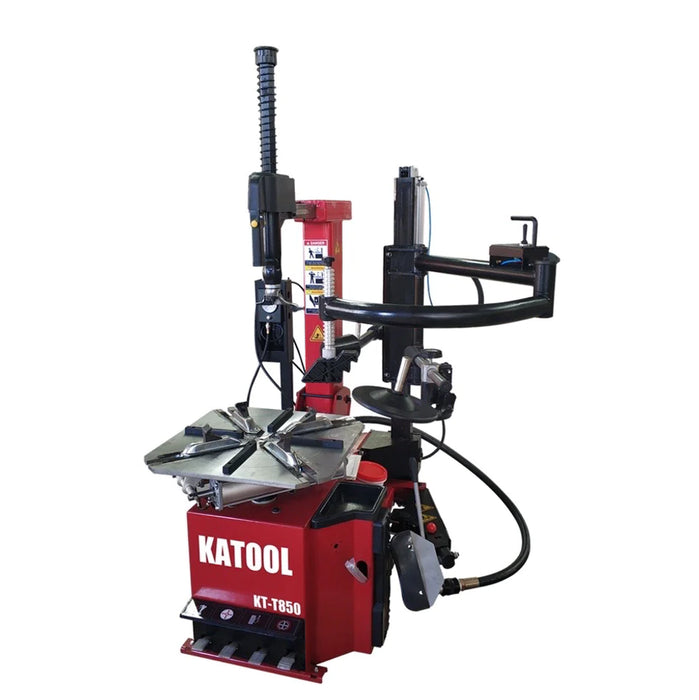 A red Katool Tilt-Arm Wheel Clamp Tire Changer Machine T850 with a 2.0HP motor, integrated bead seater, and assist arm for professional tire service.