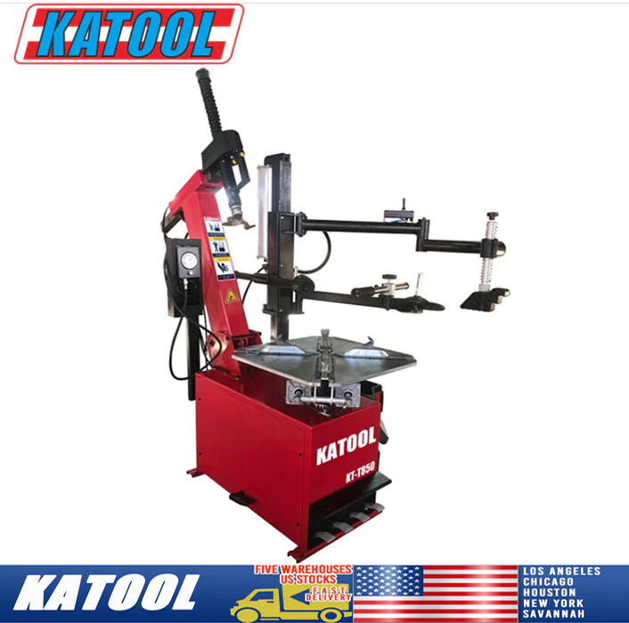 The red Katool Tilt-Arm Wheel Clamp Tire Changer Machine T850 with the assist arm extended, demonstrating its capability to handle larger or low-profile tires