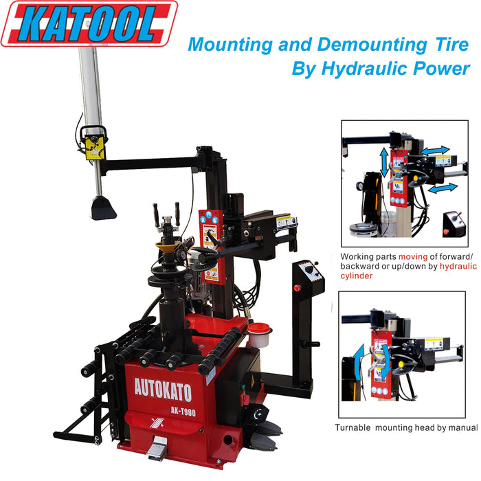 A wide perspective of the robust, red and black Katool Center Post Tire Changer Machine KT-T900. This product image highlights the machine's primary function of mounting and demounting tires via hydraulic power, with insets detailing the working parts and the manual turnable mounting head.