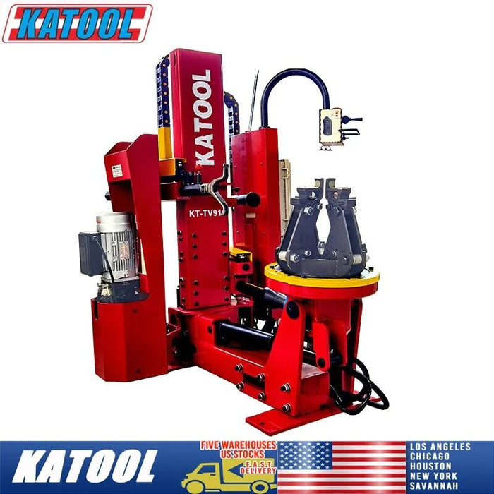 A red Katool KT-TV910 hydraulic truck tire changer shown against a white background. The image includes text overlays highlighting its five warehouse locations in the United States and its hydraulic motor.