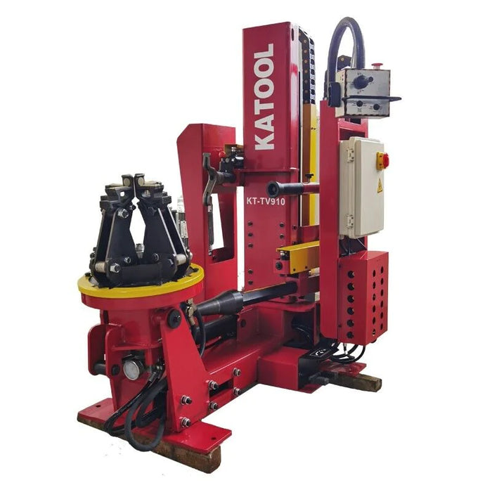 A full view of the red and yellow Katool KT-TV910 hydraulic truck tire changer. The machine is shown against a white background, emphasizing its powerful hydraulic motor and heavy-duty construction.