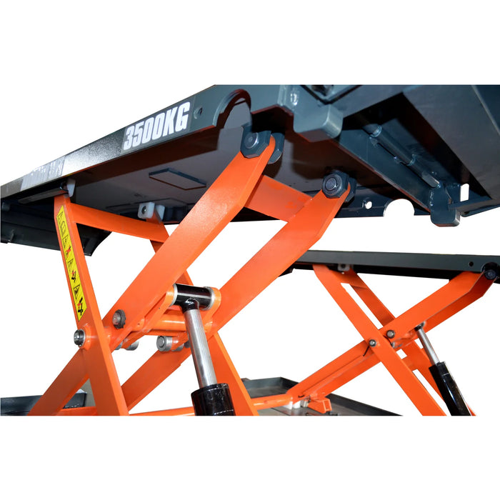 A side view of the KT-X80-ELECTRIC lift showing the powerful hydraulic cylinders and the scissor design. The "3500KG" weight capacity is visible on the platform.