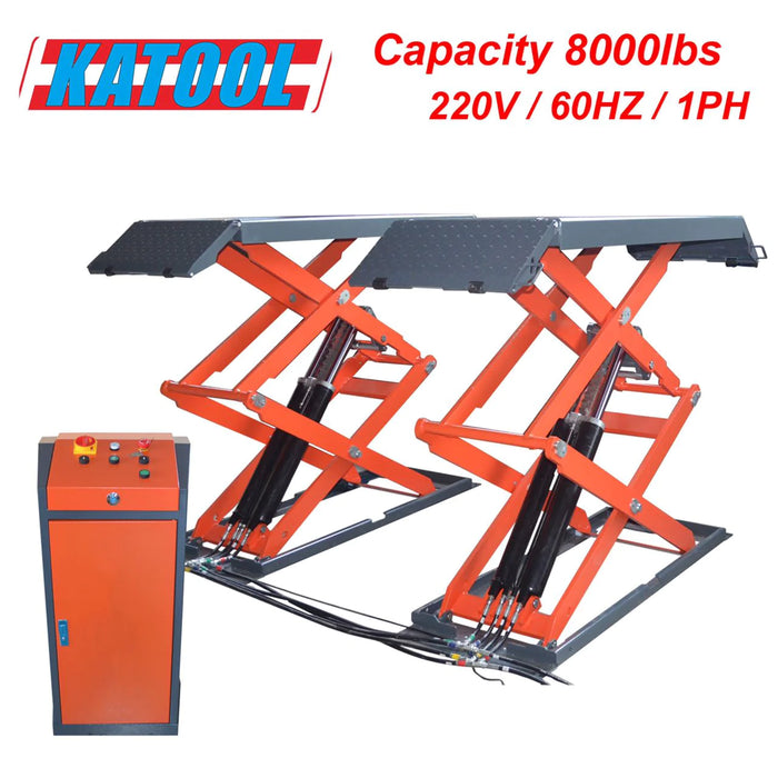 A detailed product shot of the Katool Full Rise Scissor Lift KT-X95, showcasing the main unit on a white background with its dual red scissor arms and black lifting platforms fully extended to its maximum height capacity. The orange control cabinet with its push-button interface is visible on the left side, while the text "Capacity 8000lbs," "220V/60HZ/1PH," and the "KATOOL" logo are displayed prominently at the top.