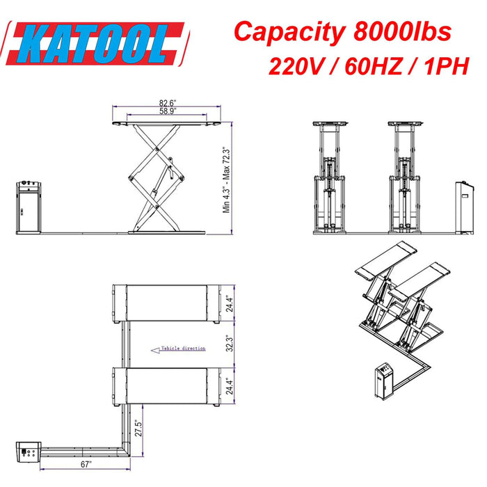 An informative technical drawing of the Katool Full Rise Scissor Lift KT-X95 illustrating various dimensions and components. The image displays a front view with a maximum lifting height of 72.3 inches, a side profile view showing the length, and a top-down view of the platform. Key measurements and specifications such as the 8,000-pound lifting capacity, 220V/60HZ/1PH power rating, and the brand name "KATOOL" are included in the diagram.