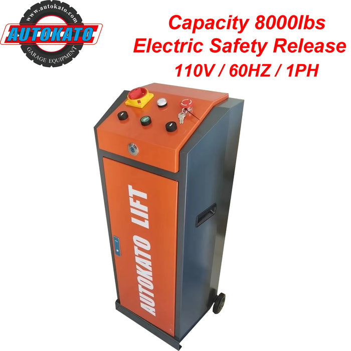 A close-up of the professional-grade control box for the Katool X85-ELECTRIC Mid-Rise Scissor Lift. The box, mounted on a stand with caster wheels for easy mobility, features clear buttons for "UP," "DOWN," and "EMERGENCY STOP," along with a pressure gauge and a safety lock pin release.