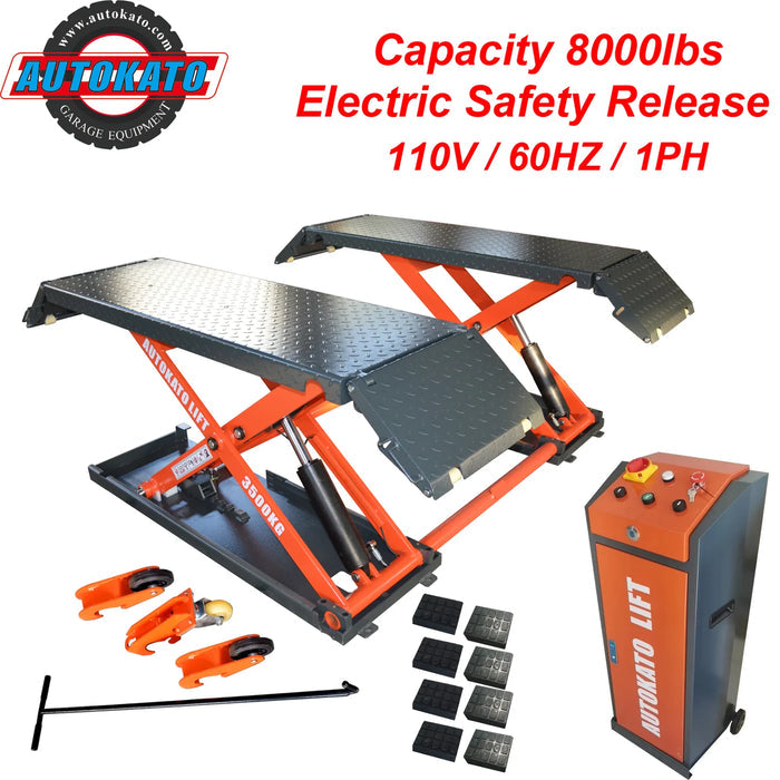 Katool X85-ELECTRIC mid-rise scissor lift in orange and black with Automakat logo, 8000 lbs capacity, electric safety release, 110V 60HZ 1PH motor, dual platforms, reinforced scissor arms, ramps, control box, mobility kit, pads, and CE-approved steel frame.