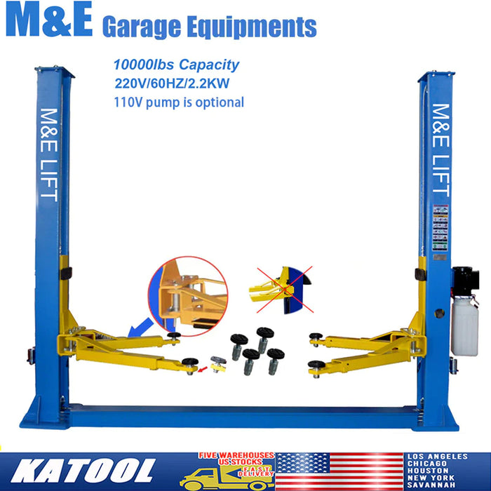A product shot of the Katool H105 10,000 lbs. Two-Post Vehicle Lift with its accessories laid out in front. The image displays the blue columns, yellow arms, and red safety release levers, while also highlighting the included screw-on pads and extension adapters with an inset diagram. The brand logo, lifting capacity, voltage, and the 110V optional add-on are all specified.