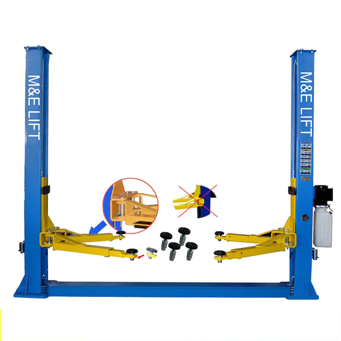 A product shot of the Katool H105 10,000 lbs. Two-Post Vehicle Lift with its accessories laid out in front. The image displays the blue columns, yellow arms, and red safety release levers, while also highlighting the included screw-on pads and extension adapters with an inset diagram. The brand logo, lifting capacity, voltage, and the 110V optional add-on are all specified.