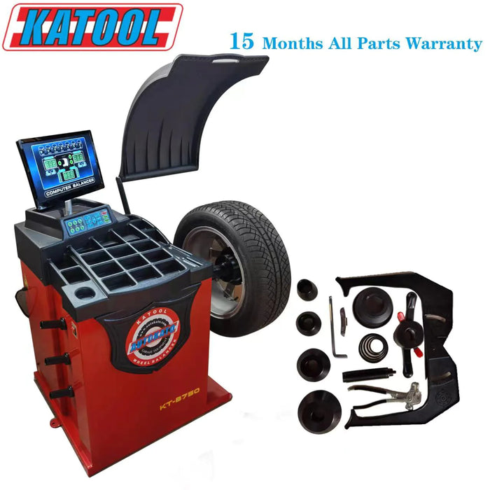 A red Katool KT-B750 wheel balancer is shown with a tire mounted on it. The image includes text overlays highlighting the "15 Months All Parts Warranty" and shows a separate box displaying all included accessories.