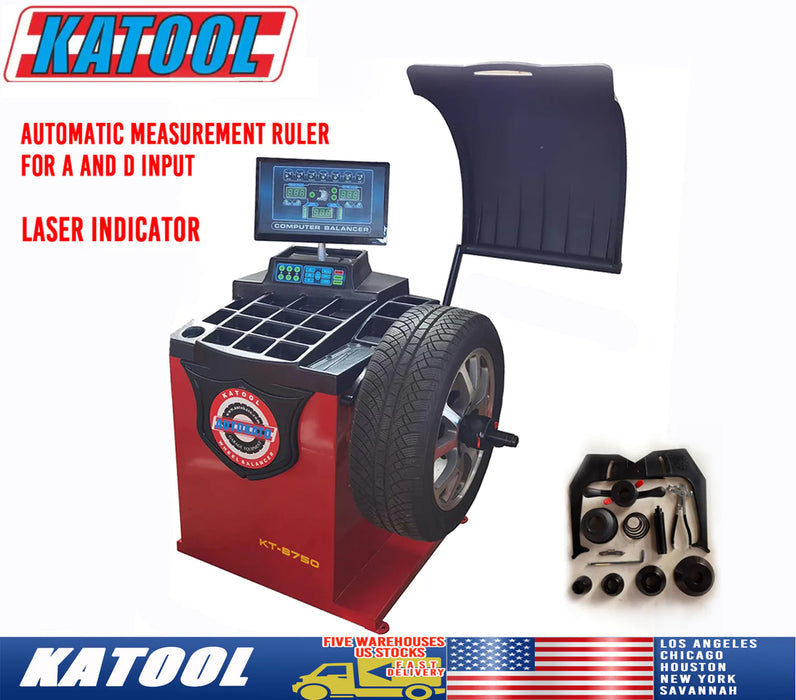A red Katool KT-B750 wheel balancer is shown with a tire on it. The image includes overlay text that highlights the "Automatic Measurement Ruler For A And D Input" and the "Laser Indicator." It also shows a box with included accessories and lists several US warehouse locations.