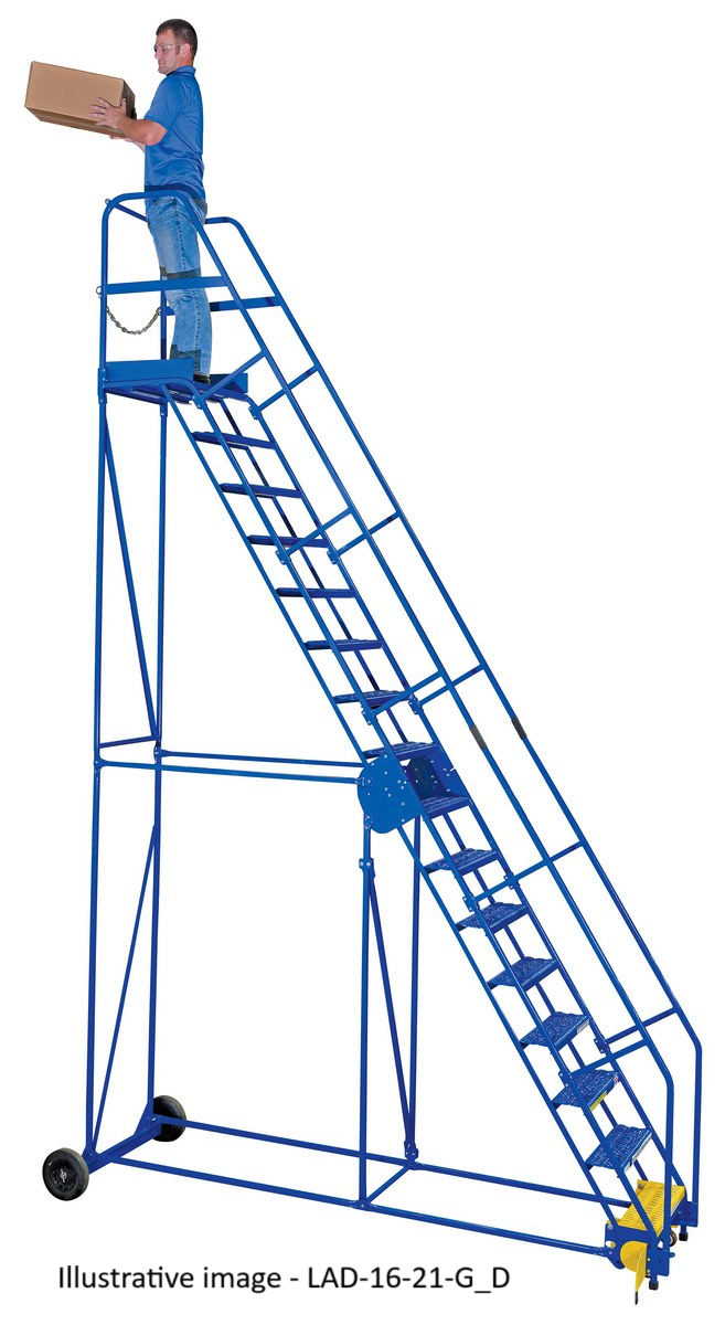 Vestil LAD-12-14-G Steel Rolling Warehouse Ladder 58 Degree 12 Grip Strut 23-9/16 In. Step Width 350 Lb. Capacity Blue