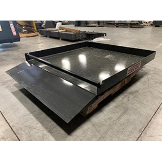 A black Haugen forklift loading box with a 48" x 48" platform and an integrated ramp extending from the front, designed to help load equipment.