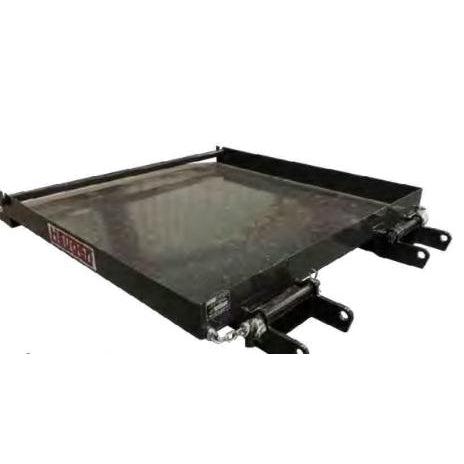 A black Haugen forklift loading box with a 2-inch trailer receiver and a 1000 lbs lifting point, showing the attachment points for the forklift.