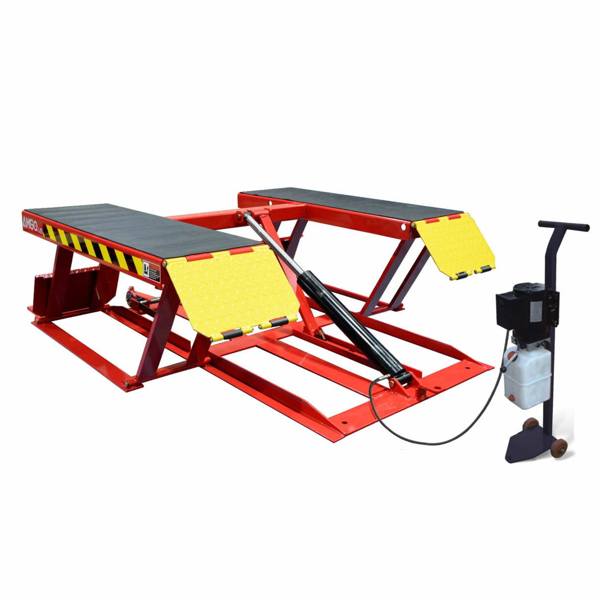 An AMGO LR06 Portable Low-Rise Scissor Lift, a red and yellow lift with two platforms and a connected black power unit on wheels, shown on a white background.