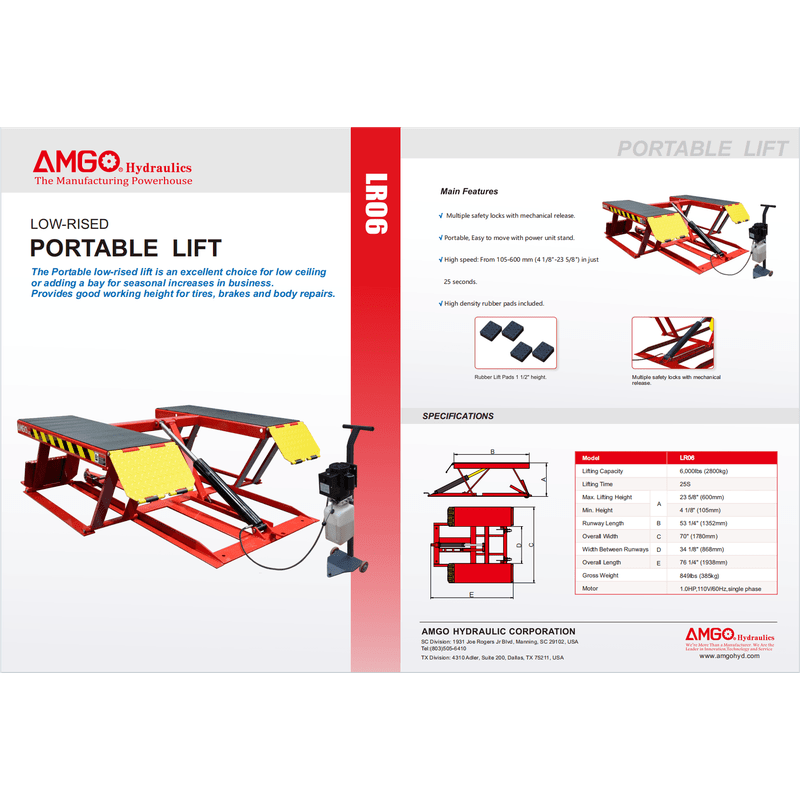 A brochure for the AMGO LR06 Portable Lift, displaying key features, detailed specifications with measurements, and a visual overview of the low-rise scissor lift.