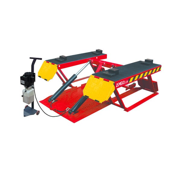 A red and yellow AMGO LR10 Low Rise Lift with a 10,000 lbs lifting capacity, featuring two hydraulic cylinders and a portable power unit, on a white background.