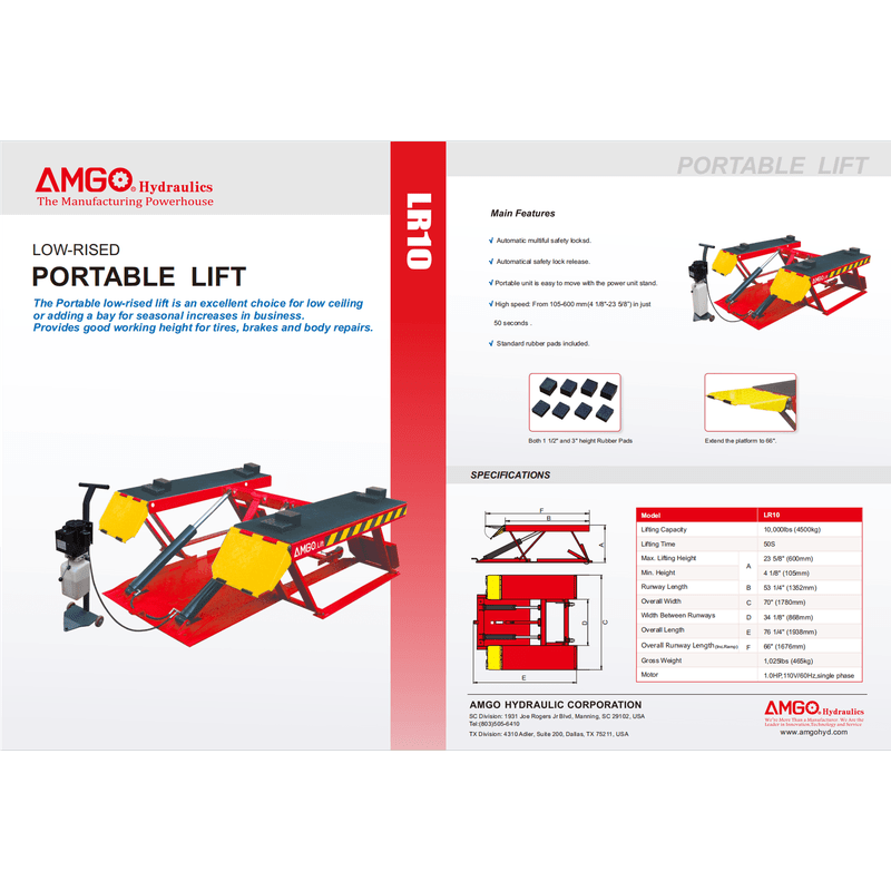 A brochure for the AMGO LR10 Low Rise Lift, showcasing the red and yellow portable lift with a 10,000 lbs capacity and diagrams of its key measurements and features.
