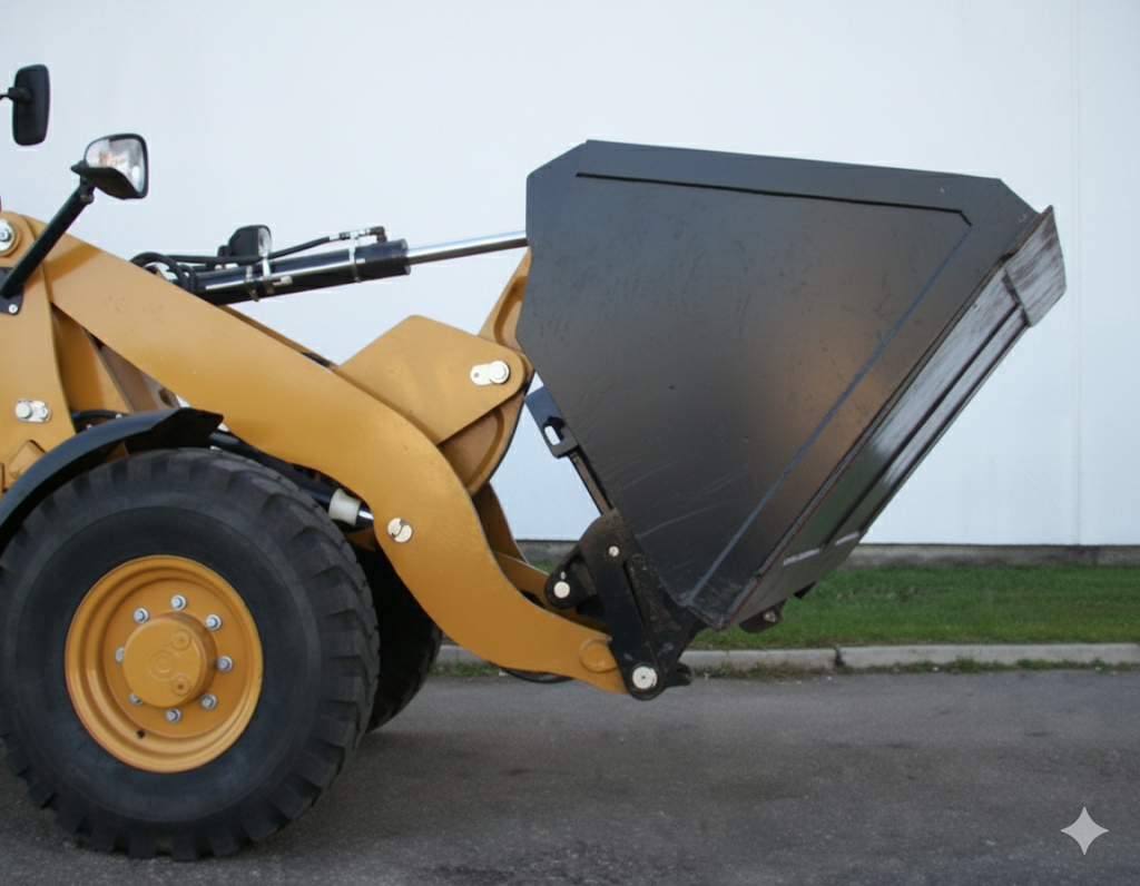 A detailed close-up of a black high-capacity fertilizer bucket attached to a yellow Cat 906, 907, or 908 articulating loader, captured from a side angle in an outdoor setting.