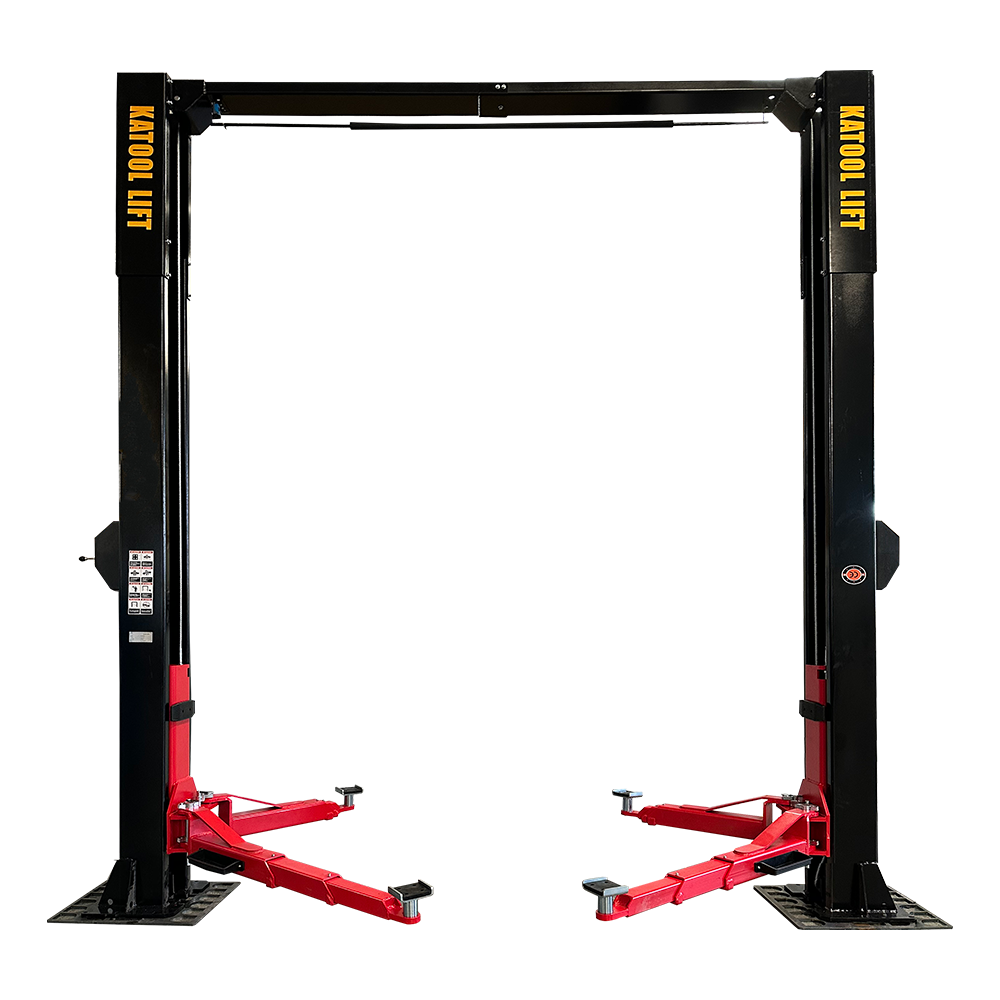 The black and red Katool KT-M150D Two Post Lift is shown in its complete symmetric form against a white background.