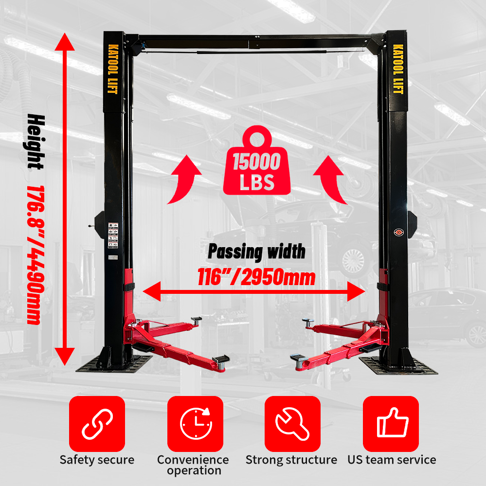 The black Katool KT-M150D Two Post Lift, with a 15,000 lbs lifting capacity, is shown with a 176.8-inch height and 116-inch passing width measurements overlaid.