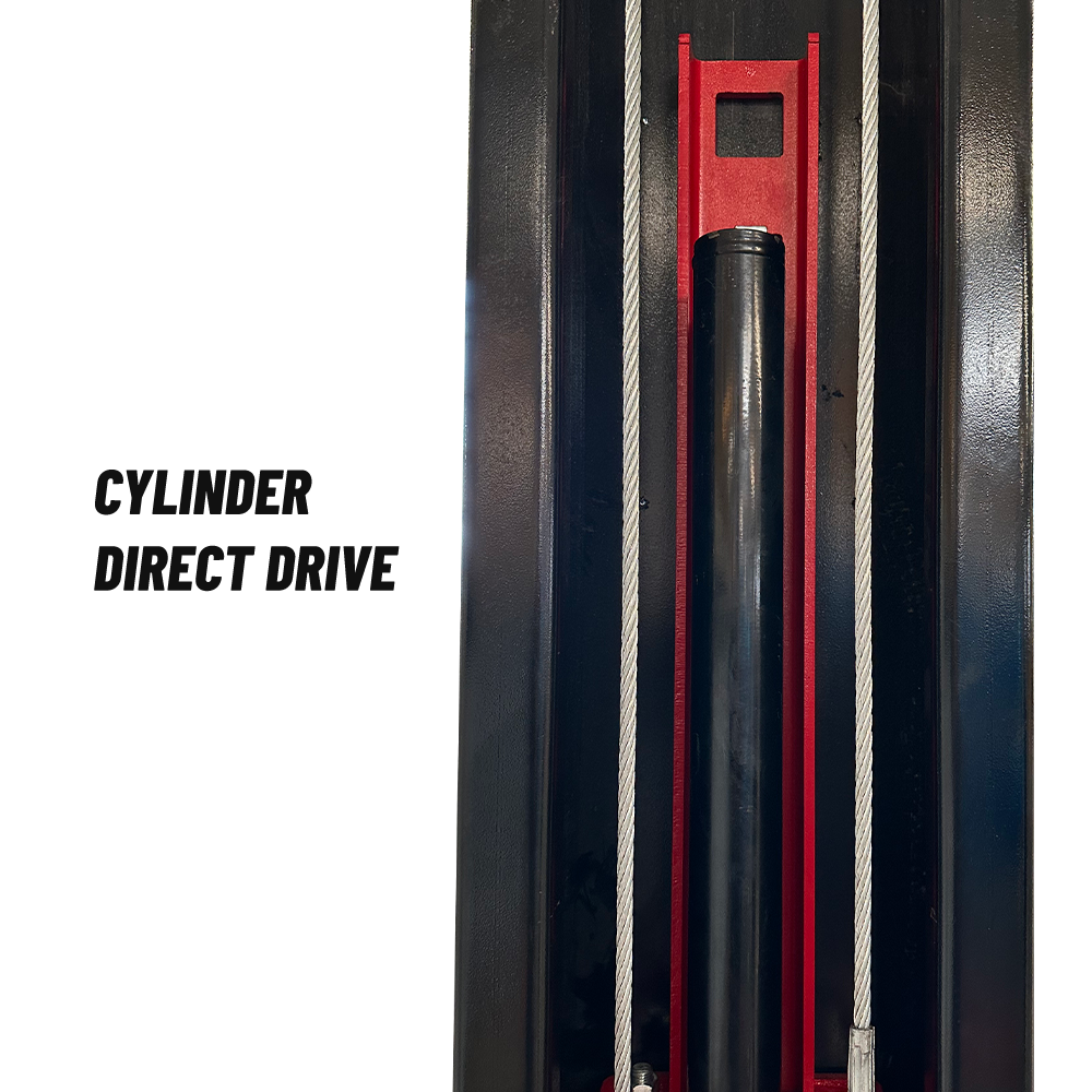 A close-up view of the cylinder direct-drive system on the black and red Katool KT-M150D Two Post Lift.