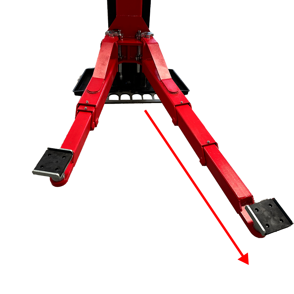 A close-up shot of the adjustable red lifting arm of the Katool KT-M150D Two Post Lift, with a red arrow indicating its outward extension.