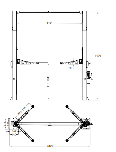 A technical drawing of the Katool KT-M150D Two Post Lift, including side, top, and front views with detailed measurements like the 116-inch drive-thru clearance and 176.8-inch height.