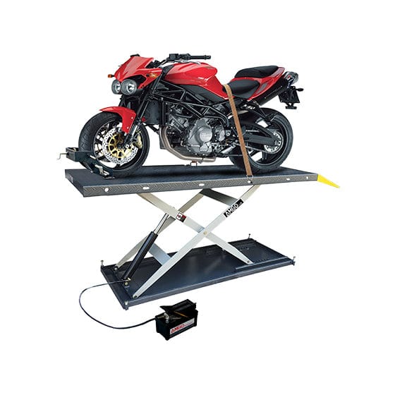A red AMGO MC-1200P motorcycle and ATV lift with a black frame and a red motorcycle on its platform is shown on a white background, highlighting its 1,200 lb lifting capacity and pneumatic hydraulic pump.