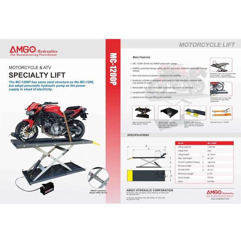 A product brochure for the AMGO MC-1200P Motorcycle Lift, featuring a red motorcycle on the lift and an overview of its features and specifications, including its 1,200 lb lifting capacity and pneumatic hydraulic pump.