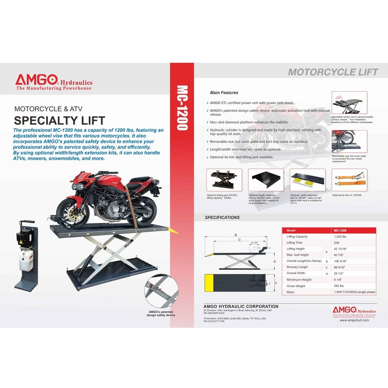 A brochure page for the AMGO MC-1200 Motorcycle & ATV Lift, featuring a red motorcycle on the lift and an overview of its features and specifications, including its 1,200 lb lifting capacity and hydraulic system with a flow restrictor.