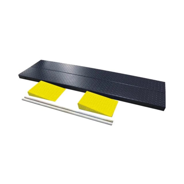 A black AMGO MC001 Optional Width Extension Kit is shown on a white background, highlighting its purpose of extending a motorcycle lift platform by 23-5/8 inches (600mm) for three- and four-wheel motorcycles.