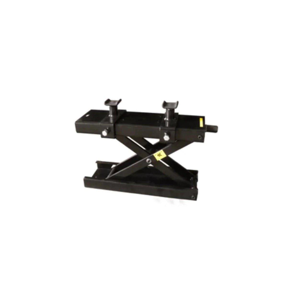 A black AMGO MC005 500kg Lifting Jack is shown on a white background, highlighting its heavy-duty steel construction and its purpose for use with motorcycle and ATV wheel removal.