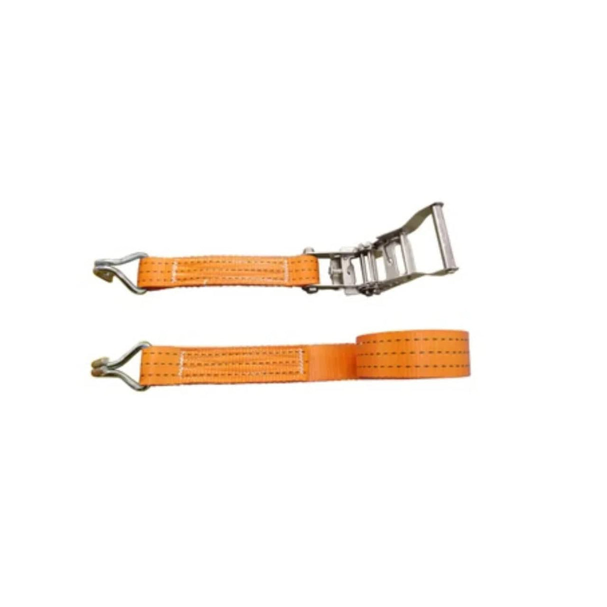 An orange AMGO Tie Kit for MC-1200 & MC-1200P is displayed on a gray surface, highlighting the kit's black metal ratchet buckles with red-and-white rope, which are used to securely tie down a vehicle on a motorcycle lift.